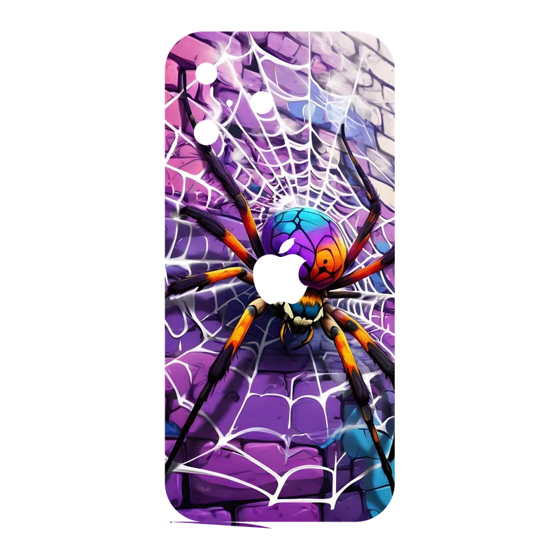 Skin pour smartphone illustré d'une araignée multicolore sur sa toile
